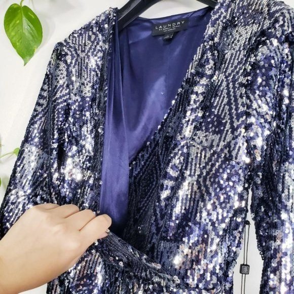 Sequin Wrap Dress Womens 2‎ XS Navy Diamond Sparkle Cocktail Mini LAUNDRY NEW - Picture 8 of 12